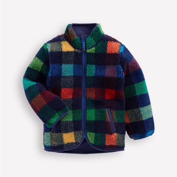 Mini Boden Cosy Borg Jacket Navy Check Size 9-10Y NWT
